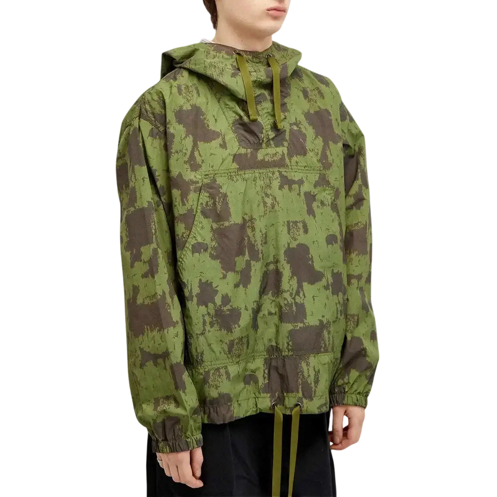 Beams Plus nylon camo smock green and brown camouflage hooded jacket with drawstrings front view