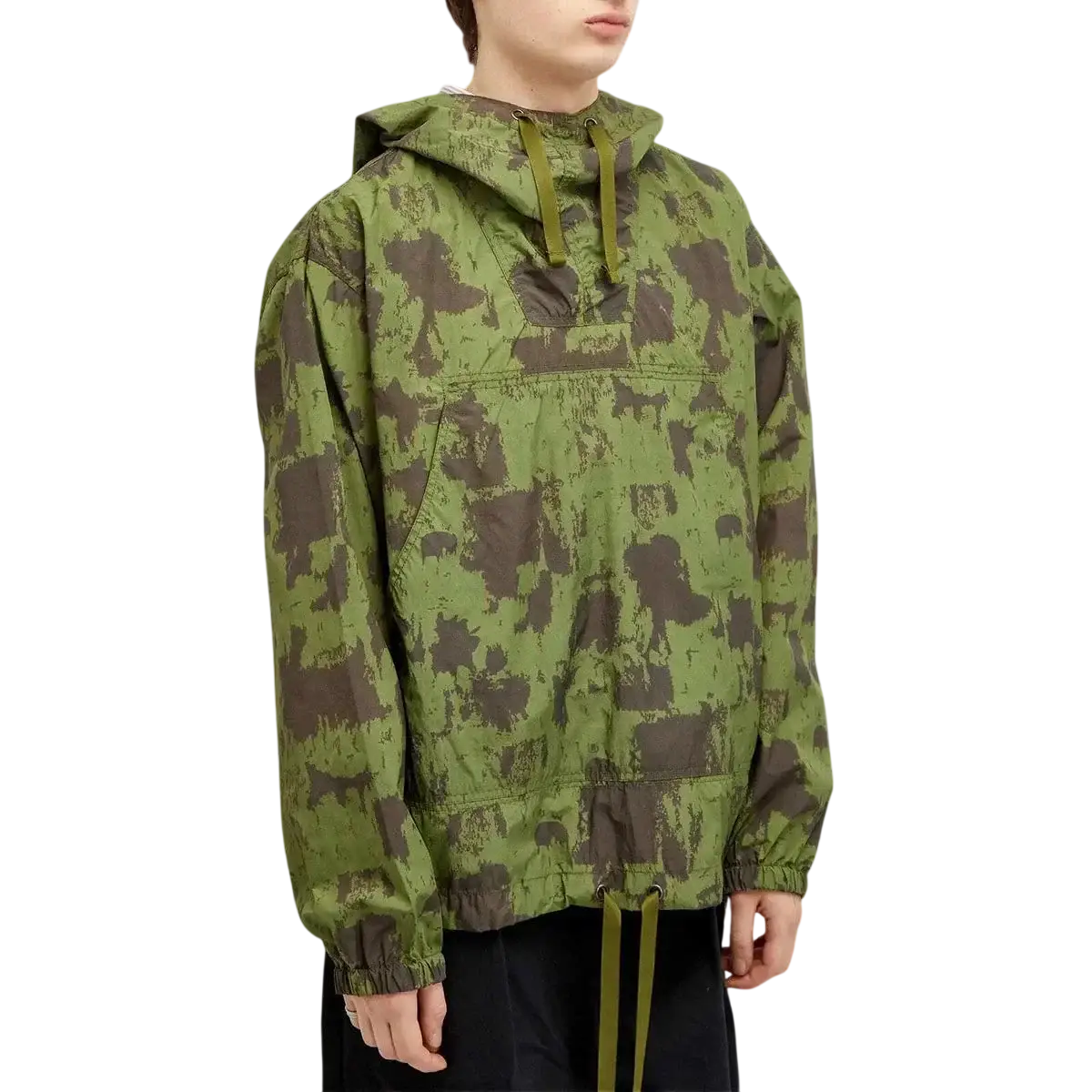 Beams Plus nylon camo smock green and brown camouflage hooded jacket with drawstrings front view