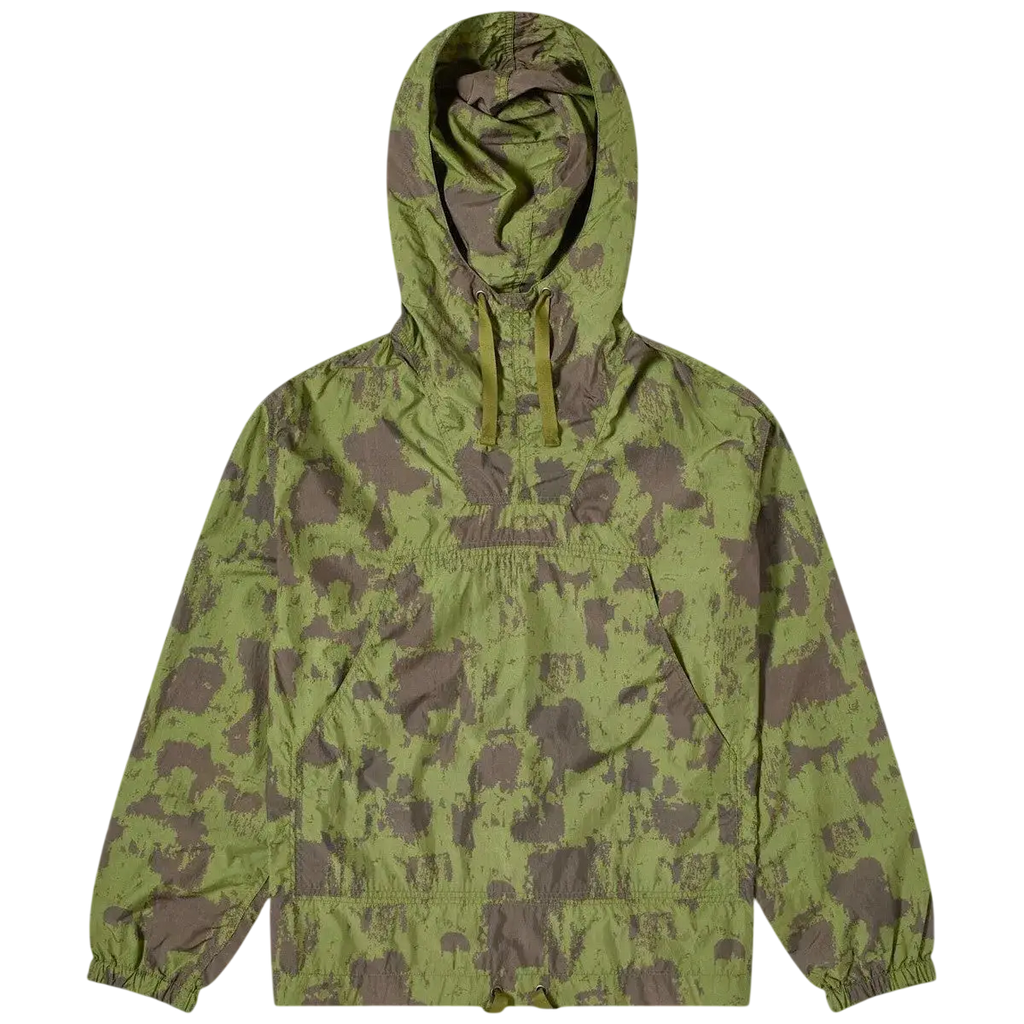 Beams Plus nylon camo smock hooded jacket with lime green and brown camouflage pattern elastic cuffs and front pocket