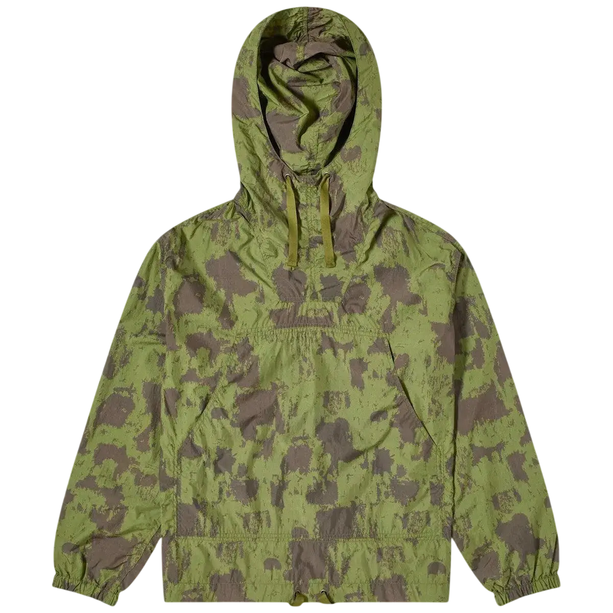 Beams Plus nylon camo smock hooded jacket with lime green and brown camouflage pattern elastic cuffs and front pocket
