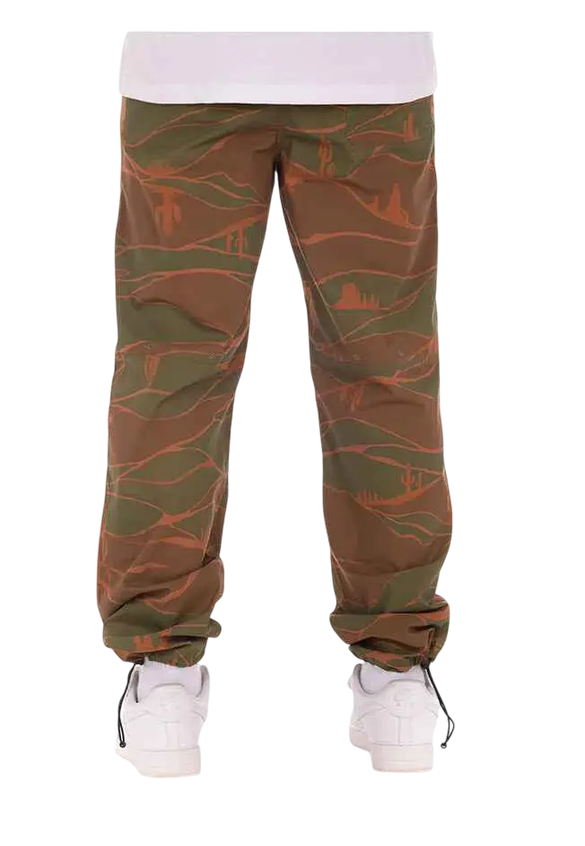 Olive and rust-colored camouflage cargo pants with drawstring cuffs from billionaire boys club craters pant capulet olive
