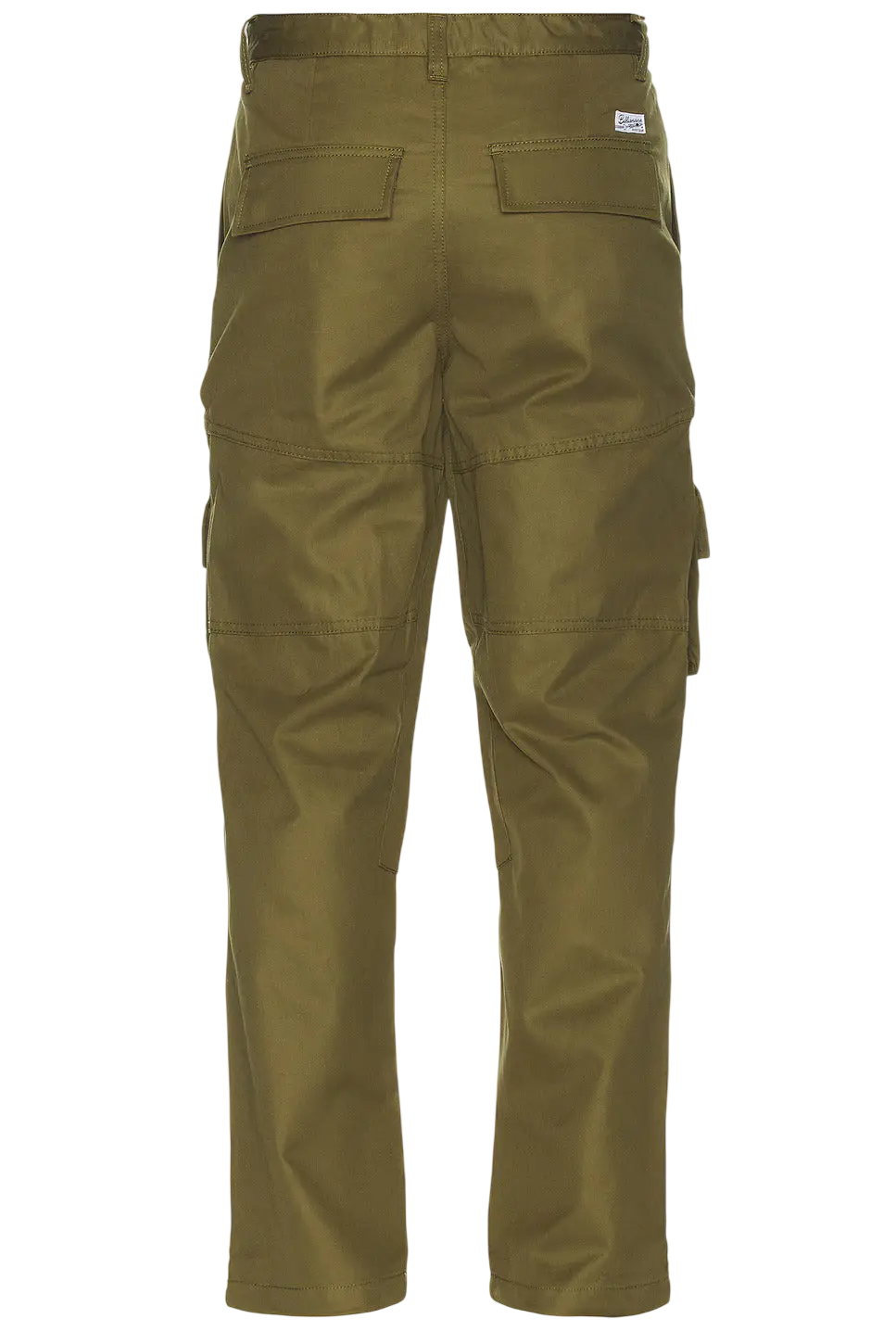 Back view of khaki Billionaire Boys Club flagship dipper cargo pants with two back pockets and a brand tag on the waistband