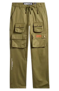 Olive green billionaire boys club flagship dipper cargo pants with multiple flap pockets and orange leather patch