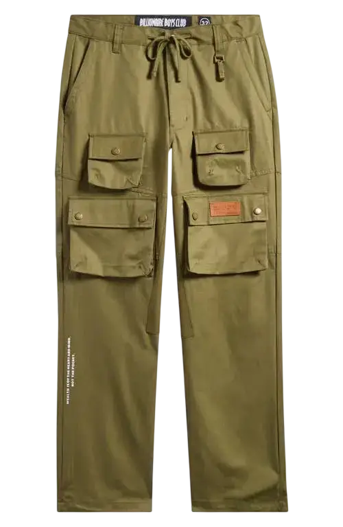 Olive green billionaire boys club flagship dipper cargo pants with multiple flap pockets and orange leather patch