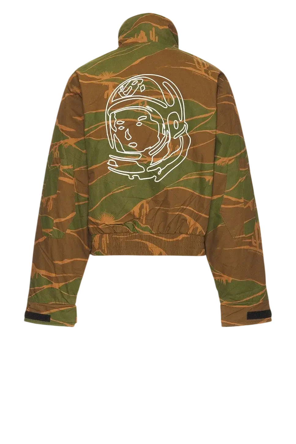 Billionaire boys club westworld olive cotton poplin bomber jacket with brown green tiger stripe camo and astronaut helmet on back
