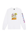 White long-sleeve cotton t-shirt featuring a colorful pink yellow and orange cartoon graphic on front and sleeve by brain dead