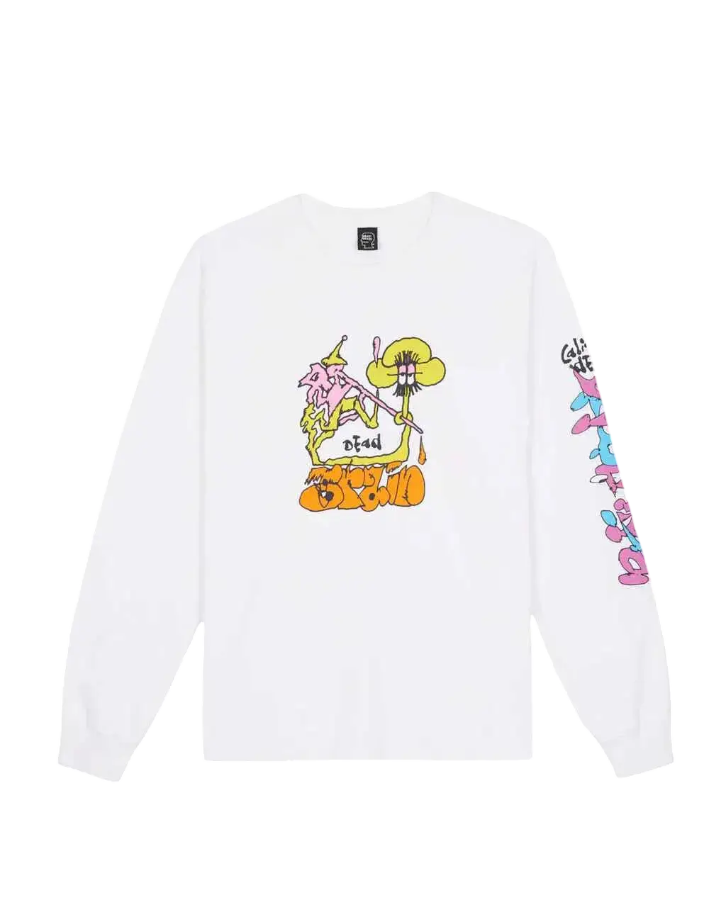 White long-sleeve cotton t-shirt featuring a colorful pink yellow and orange cartoon graphic on front and sleeve by brain dead
