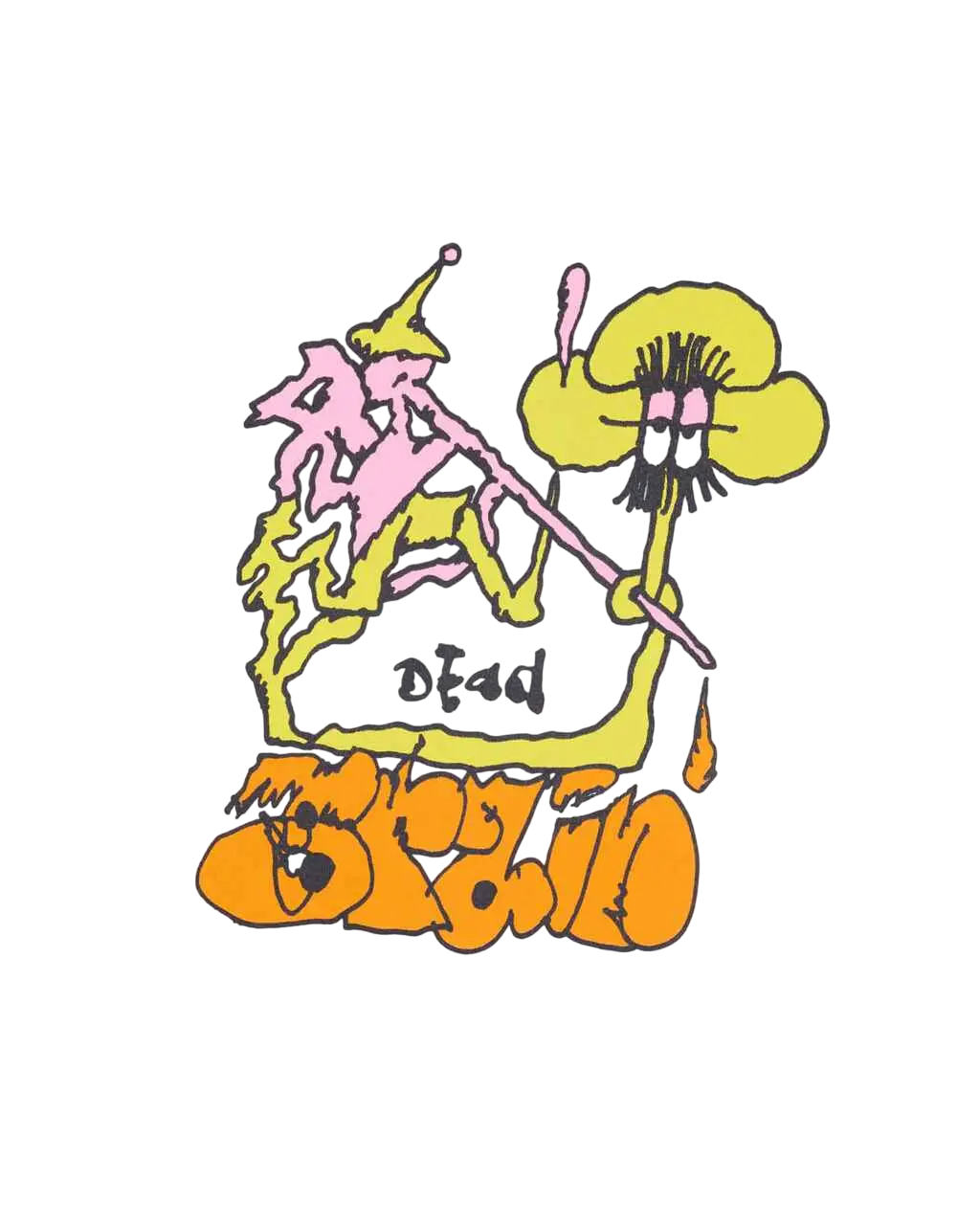 Vibrant cartoon logo with pink and green figure holding yellow flower above orange text on brain dead packing up long sleeve tee white