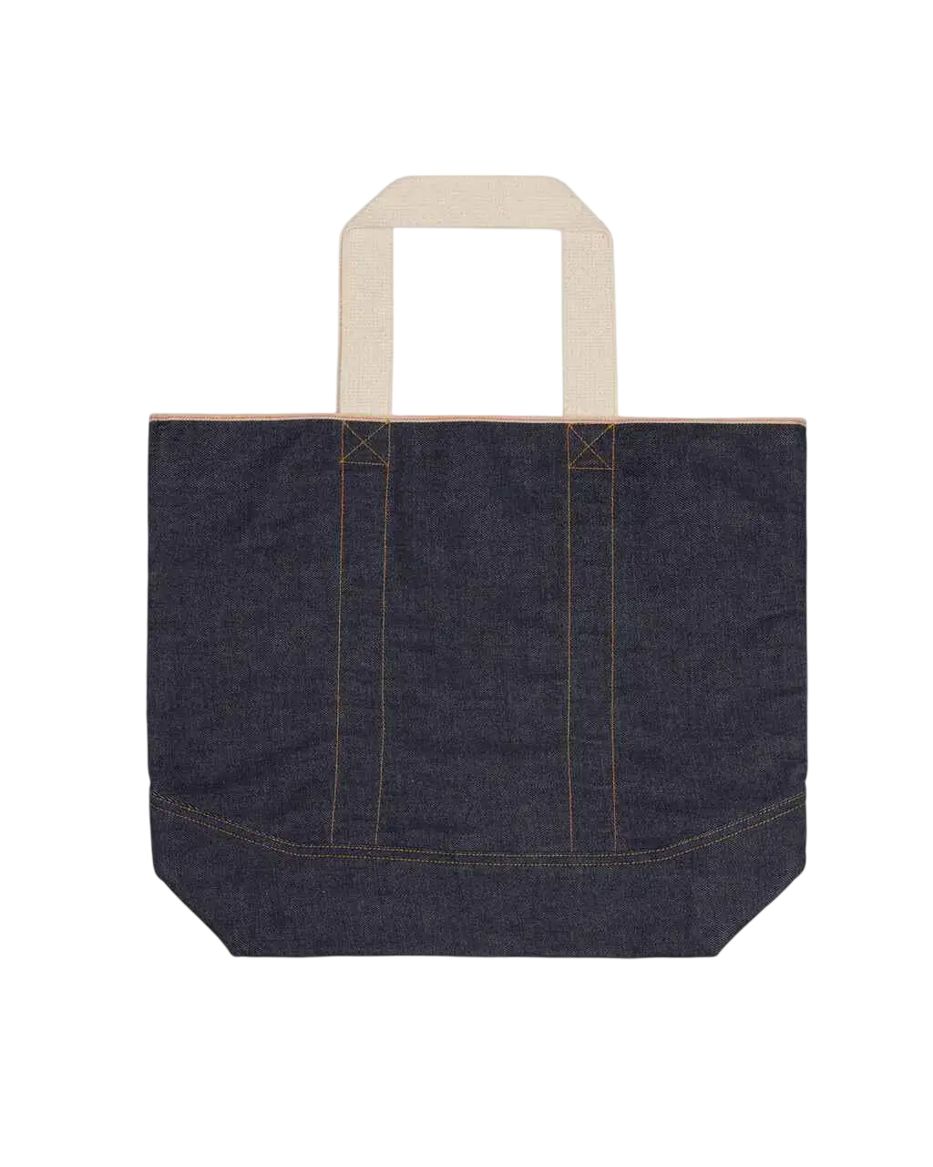A sturdy navy blue denim tote bag with cream handles and reinforced stitching brain dead x apc selvedge indigo denim tote