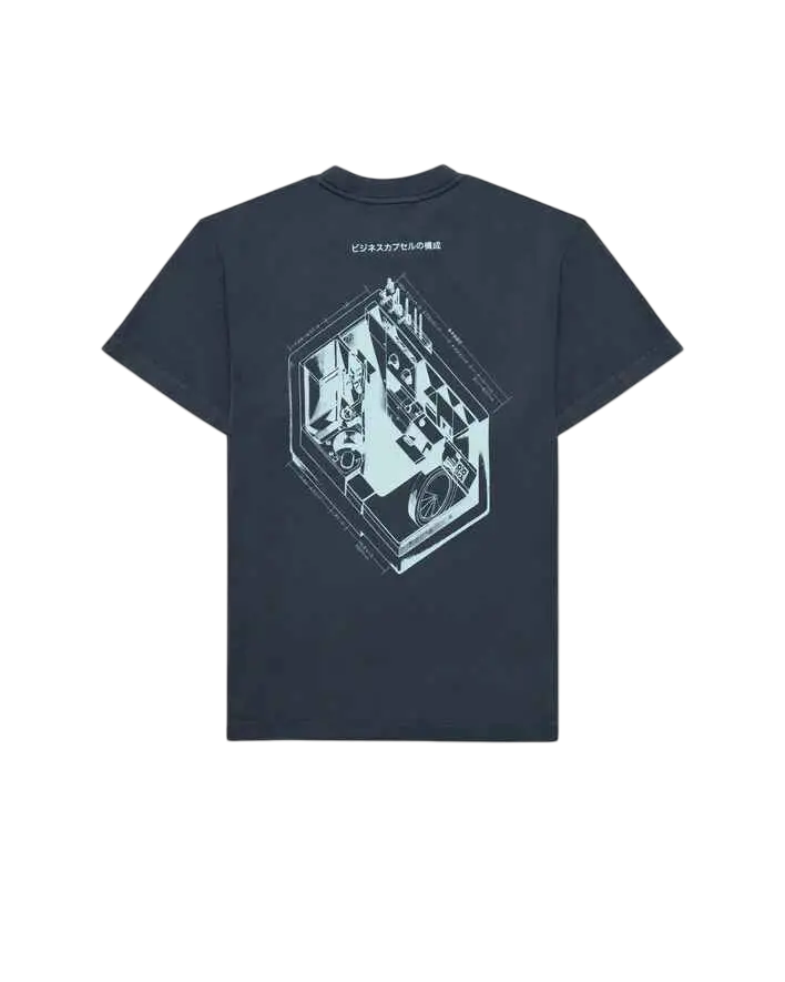 Dark gray short-sleeved capsule nagakin t-shirt with white geometric interior illustration on the back