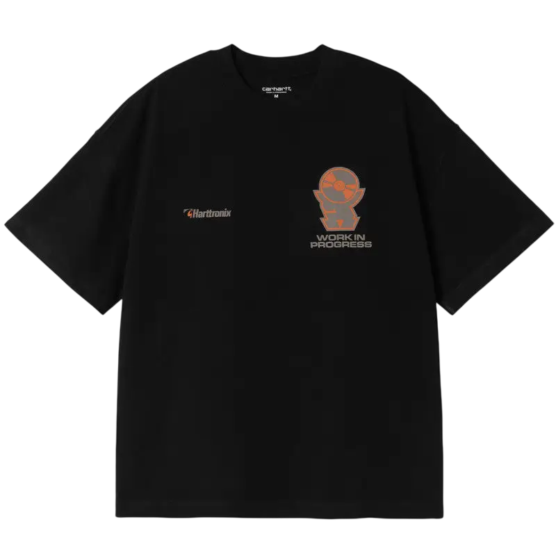 Black Carhartt WIP Hattronix t-shirt featuring glowing orange gray work in progress graphic and Harttronix logo on left chest