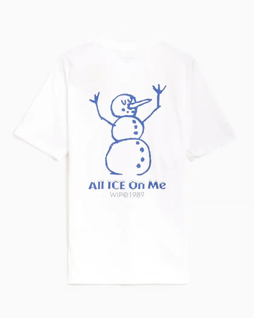 White cotton Carhartt WIP Ice t-shirt with blue hand-drawn snowman graphic and all ice on me text