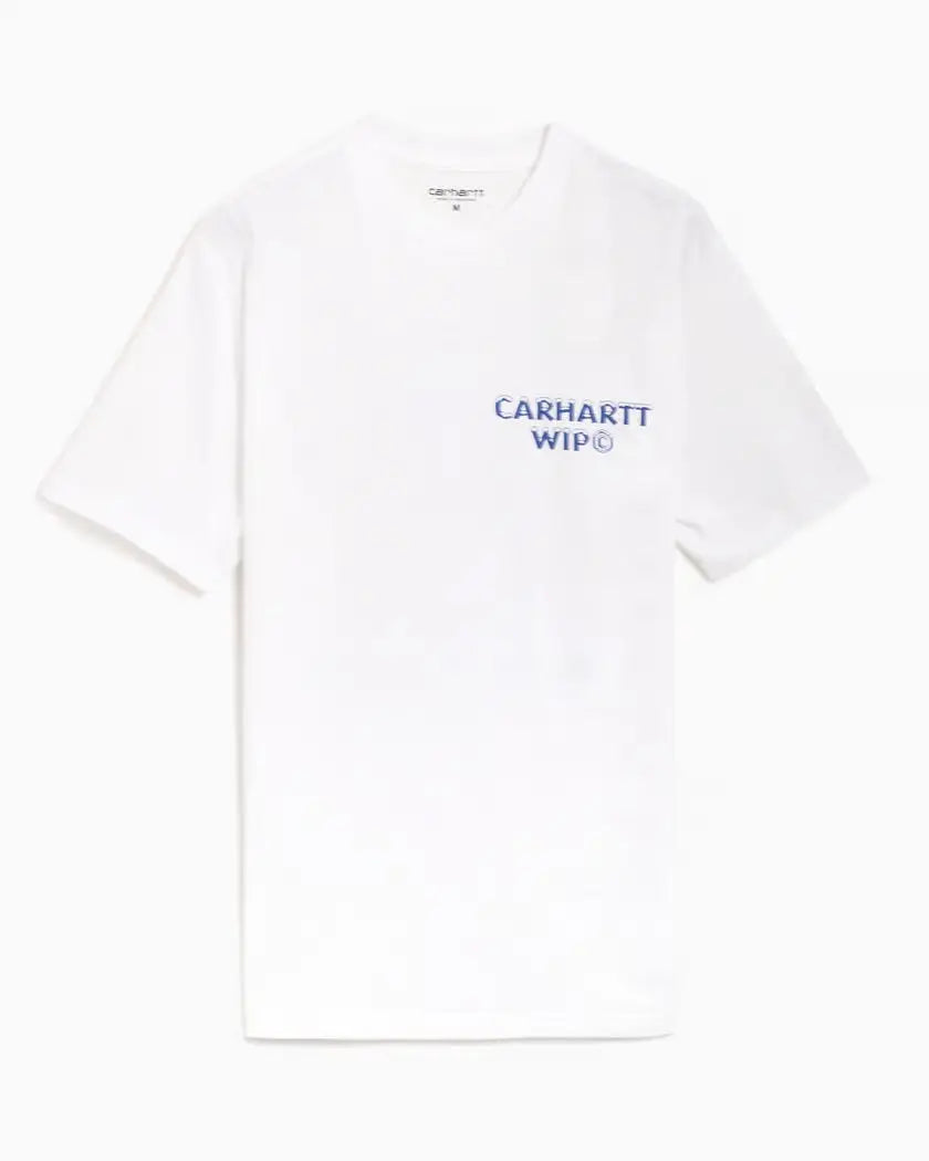 White Carhartt WIP Ice t-shirt with navy blue embroidered logo on chest in soft cotton material