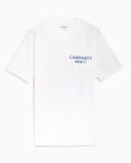 White Carhartt WIP Ice t-shirt with navy blue embroidered logo on chest in soft cotton material