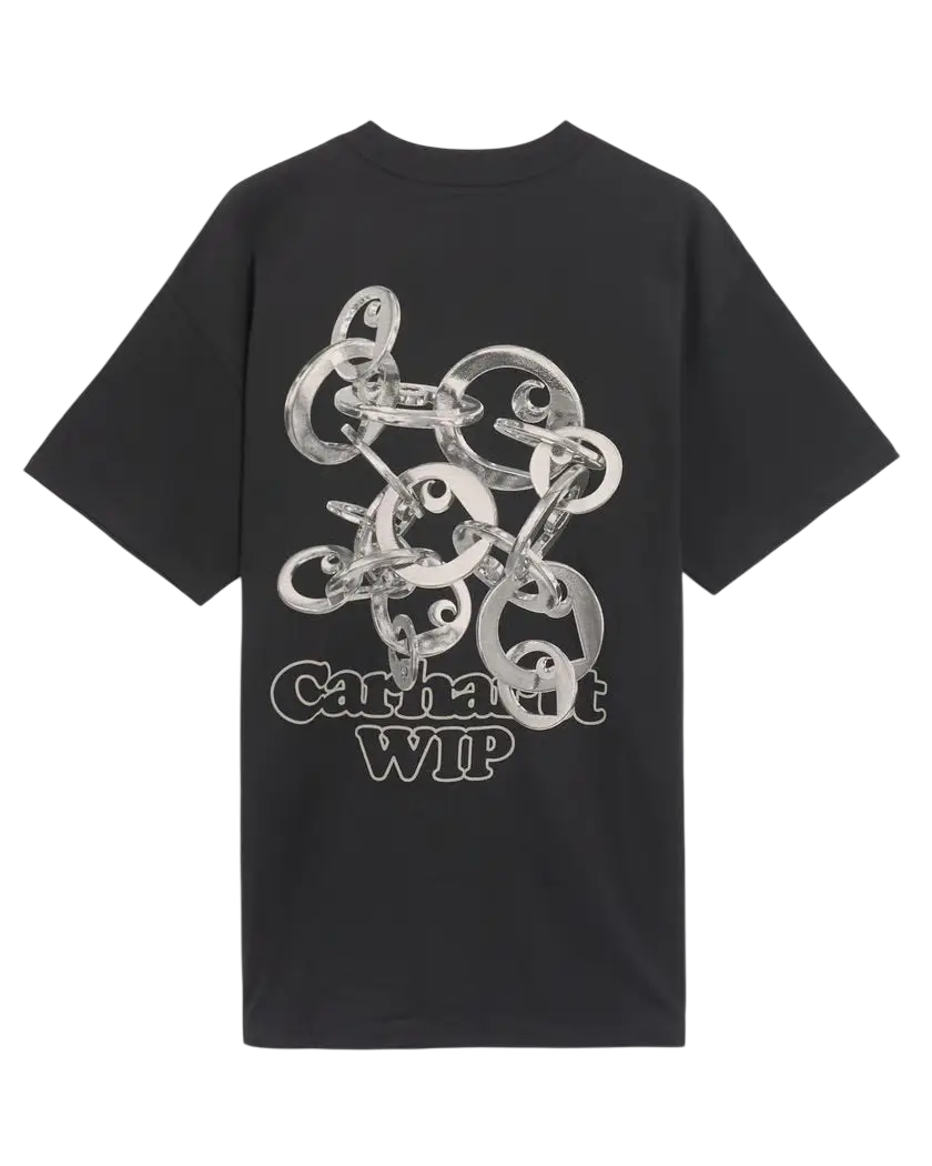 Black Carhartt WIP linked charms t-shirt featuring a bold metallic silver chain-link graphic design on front