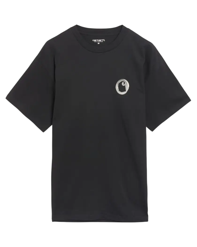 Carhartt WIP linked charms black t-shirt with white circular logo on left chest made of comfortable cotton