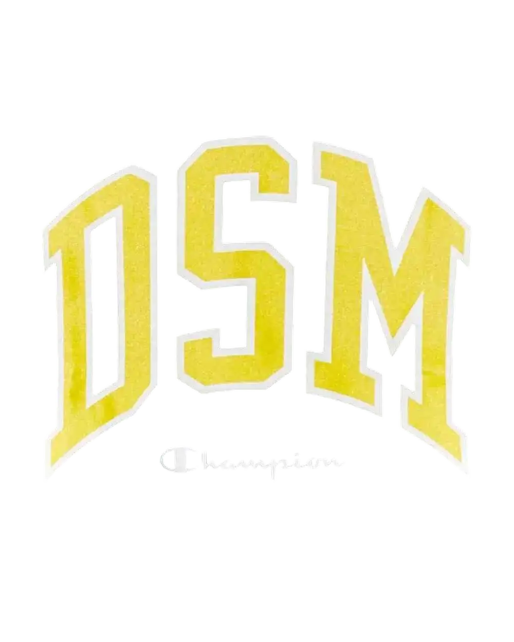 Yellow dsm arched collegiate lettering with white outline on a black Champion x Dover Street Market long sleeve crewneck