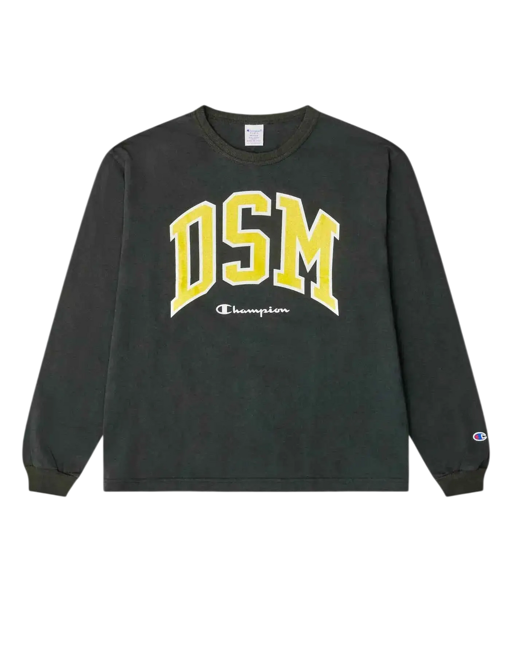 Dark green champion x dover street market long sleeve sweatshirt with bold yellow dsm arch lettering and cursive logo