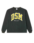 Dark green champion x dover street market long sleeve sweatshirt with bold yellow dsm arch lettering and cursive logo