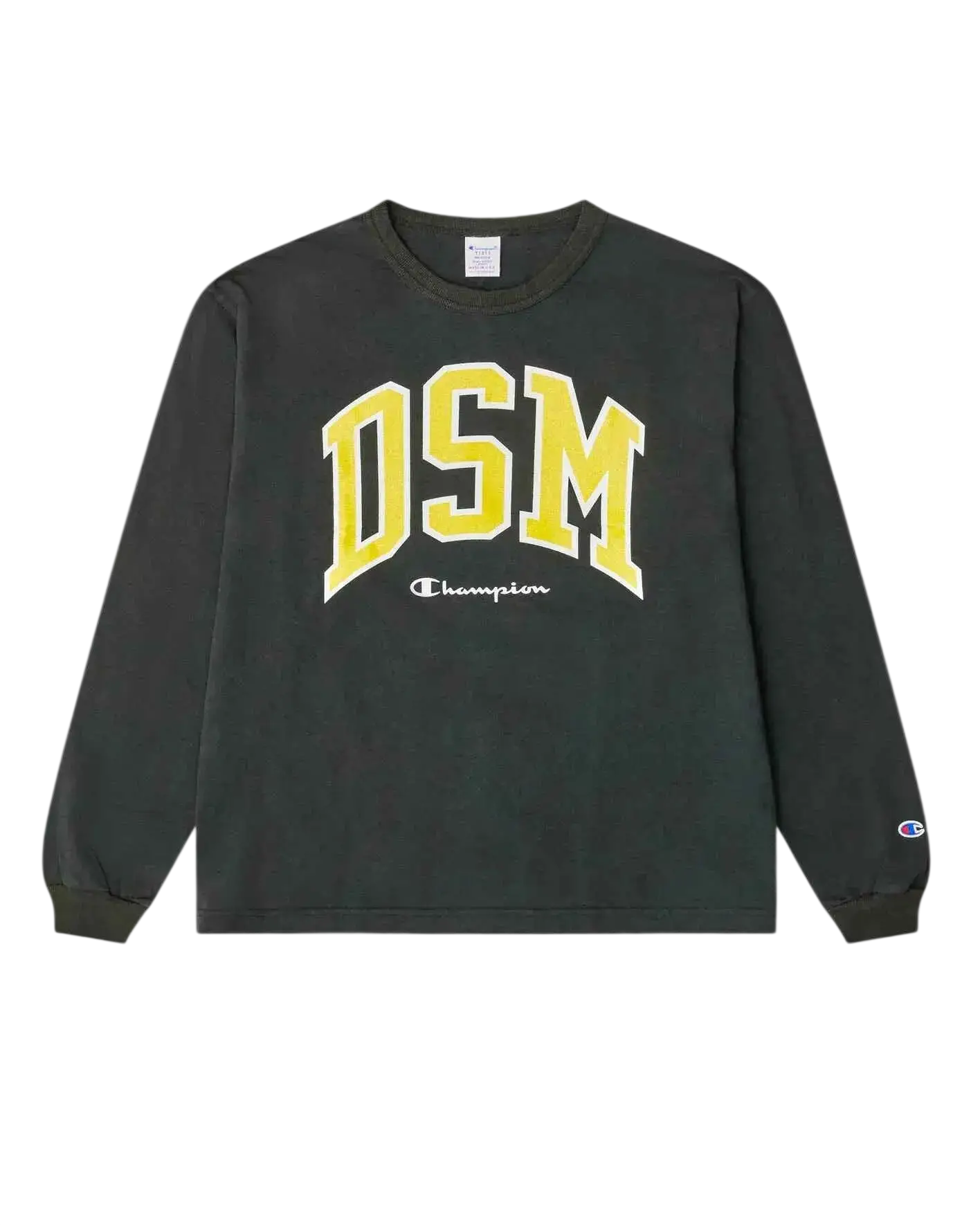 Dark green champion x dover street market long sleeve sweatshirt with bold yellow dsm arch lettering and cursive logo