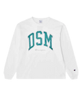 White champion x dover street market long sleeve crew sweatshirt with teal dsm lettering on chest