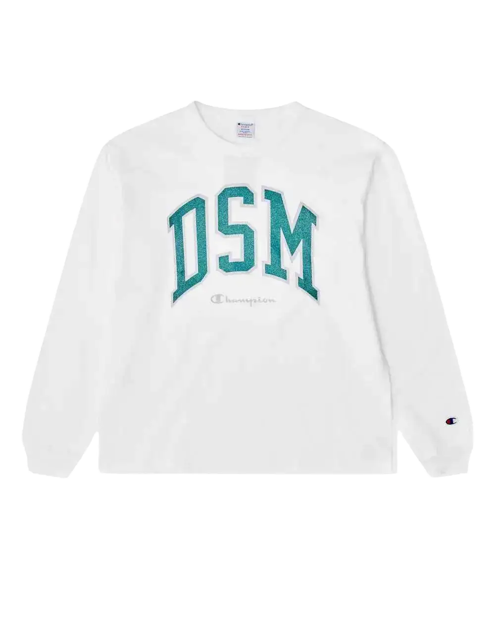 White champion x dover street market long sleeve crew sweatshirt with teal dsm lettering on chest