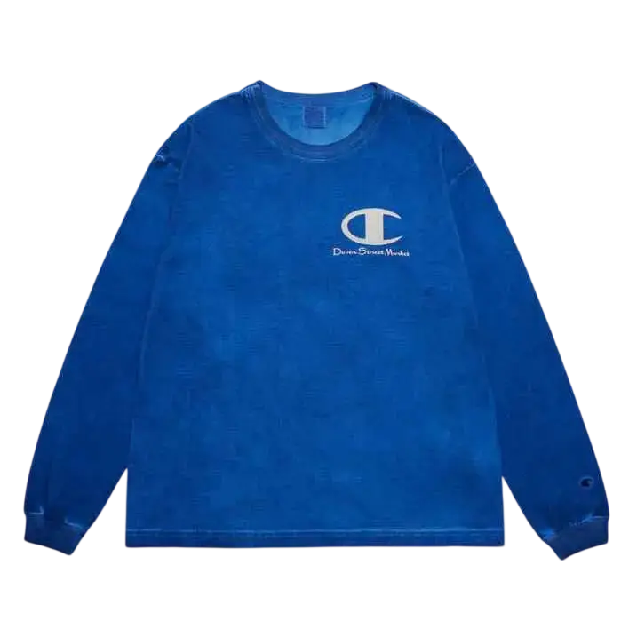 Champion x Dover Street Market long sleeve blue sweatshirt with faded tie-dye effect and embroidered logo on chest