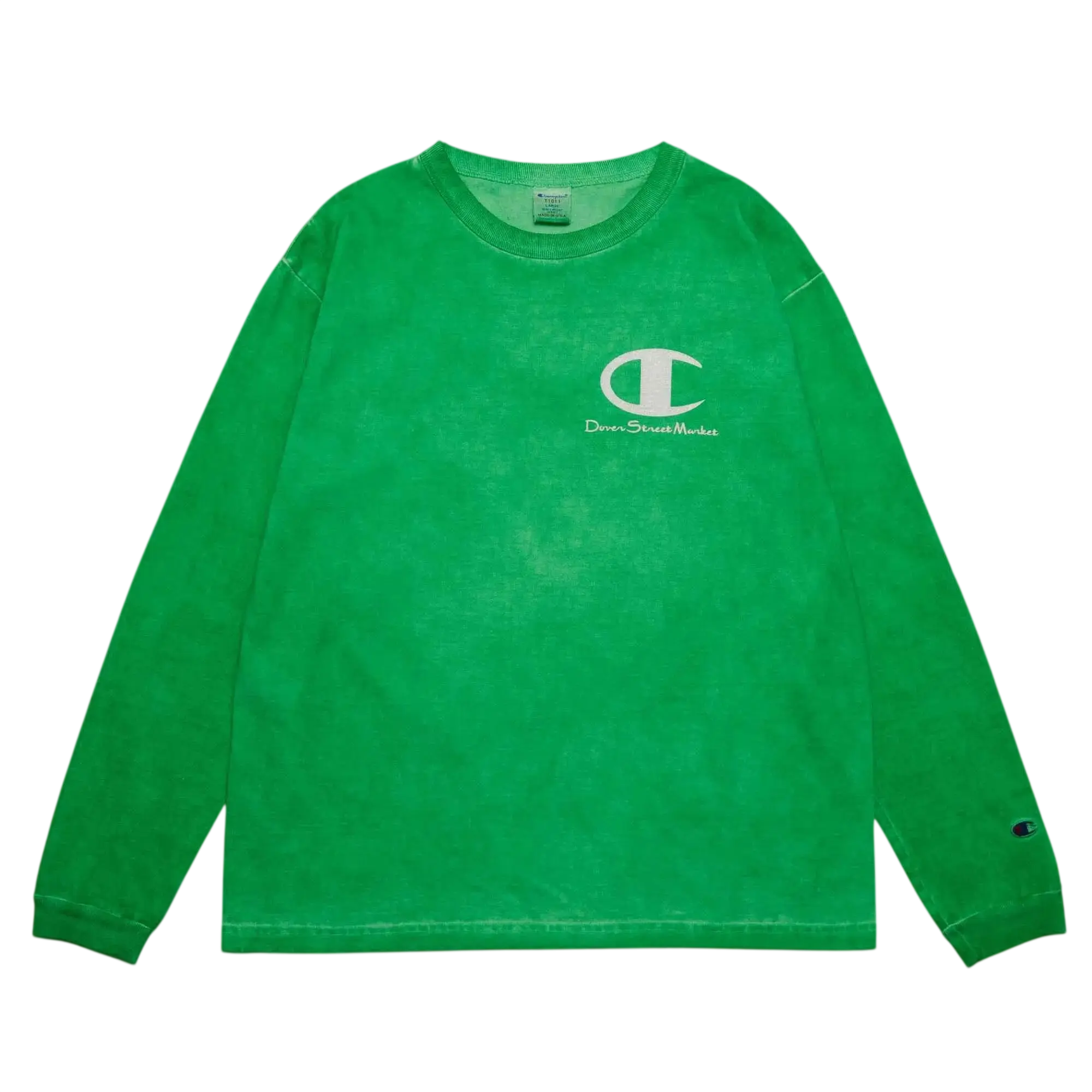 Champion x Dover Street Market long sleeve green tee with white logo and drew street market text on chest