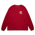 Red champion x dover street market long sleeve sweatshirt with white logo and text on the chest