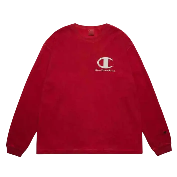 Red champion x dover street market long sleeve sweatshirt with white logo and text on the chest