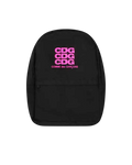 Black comme des garcons backpack with bold pink cdg logo stacked vertically and brand name beneath