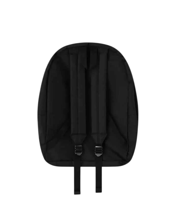 Comme des garcons pink logo black backpack with padded shoulder straps and silver metal buckles