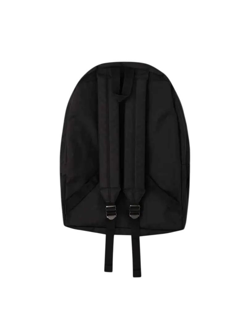 Black canvas comme des garcons wave logo backpack with adjustable shoulder straps and silver metal buckles back view