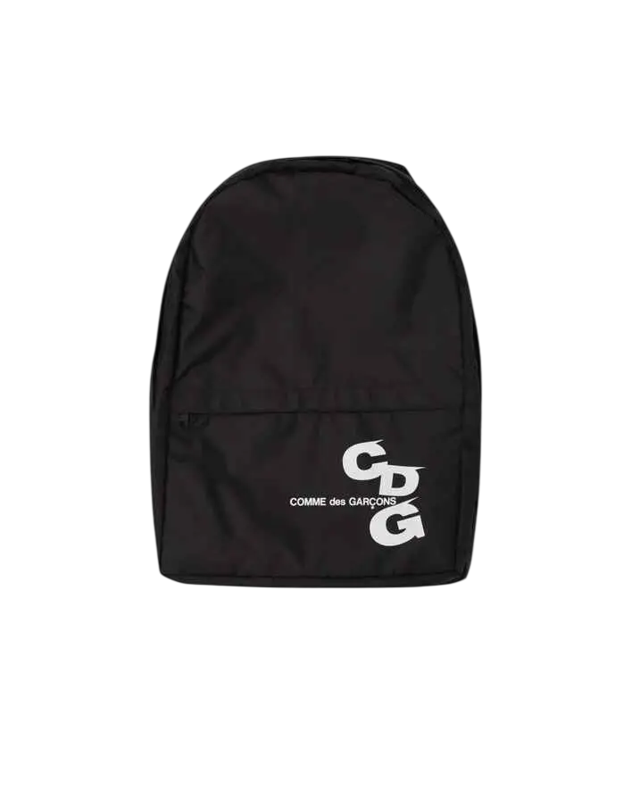 Black comme des garçons cdg wave logo backpack with white front logo designed for everyday use