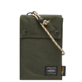 Olive green canvas porter wallet with black button closures and beige patterned cord strap from comme des garcons x porter