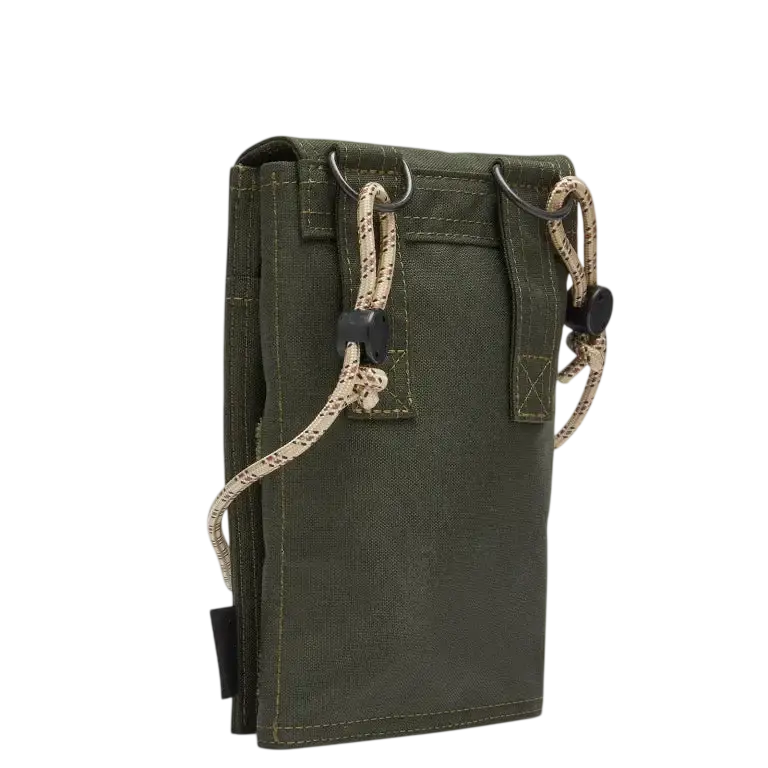 Olive green tactical phone pouch with beige patterned webbing straps and black buckles from comme des garcons x porter yoshida
