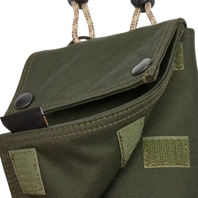 Olive green comme des garcons x porter yoshida cordura sling pouch with reinforced stitching and velcro patches