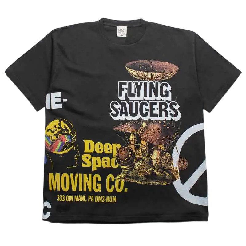 Black CRTFD all over print mash up t-shirt featuring psychedelic flying saucers mushrooms and deep space text design