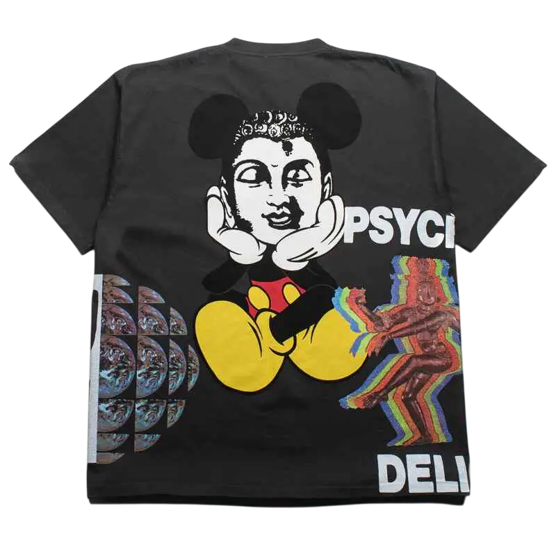 Black CRTFD all over print mash up t-shirt featuring a stylized Mickey Mouse with buddha features and psychedelic artwork
