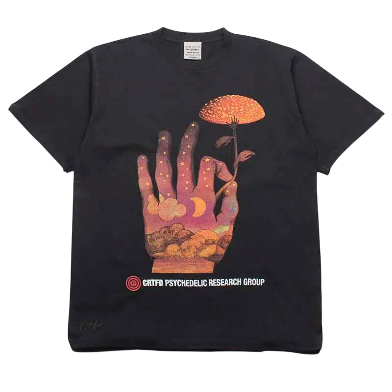 Dark gray CRTFD fly agaric t-shirt with psychedelic hand holding orange mushroom in warm celestial tones