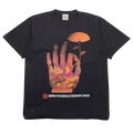 Dark gray CRTFD fly agaric t-shirt with psychedelic hand holding orange mushroom in warm celestial tones