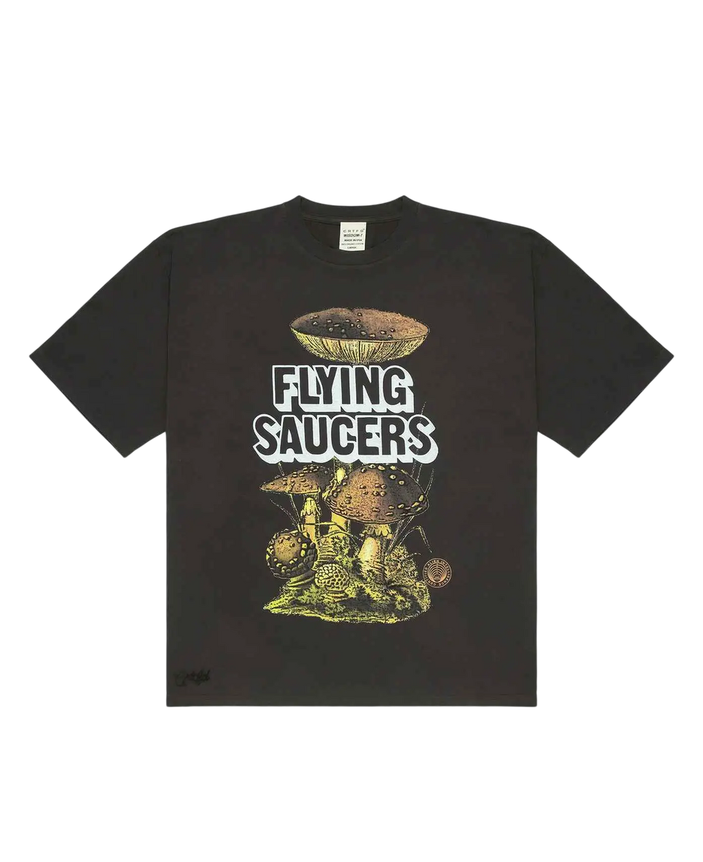 Dark gray short-sleeved cotton t-shirt featuring whimsical mushrooms and flying saucers with bold white flying saucers text