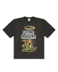 Dark gray short-sleeved cotton t-shirt featuring whimsical mushrooms and flying saucers with bold white flying saucers text