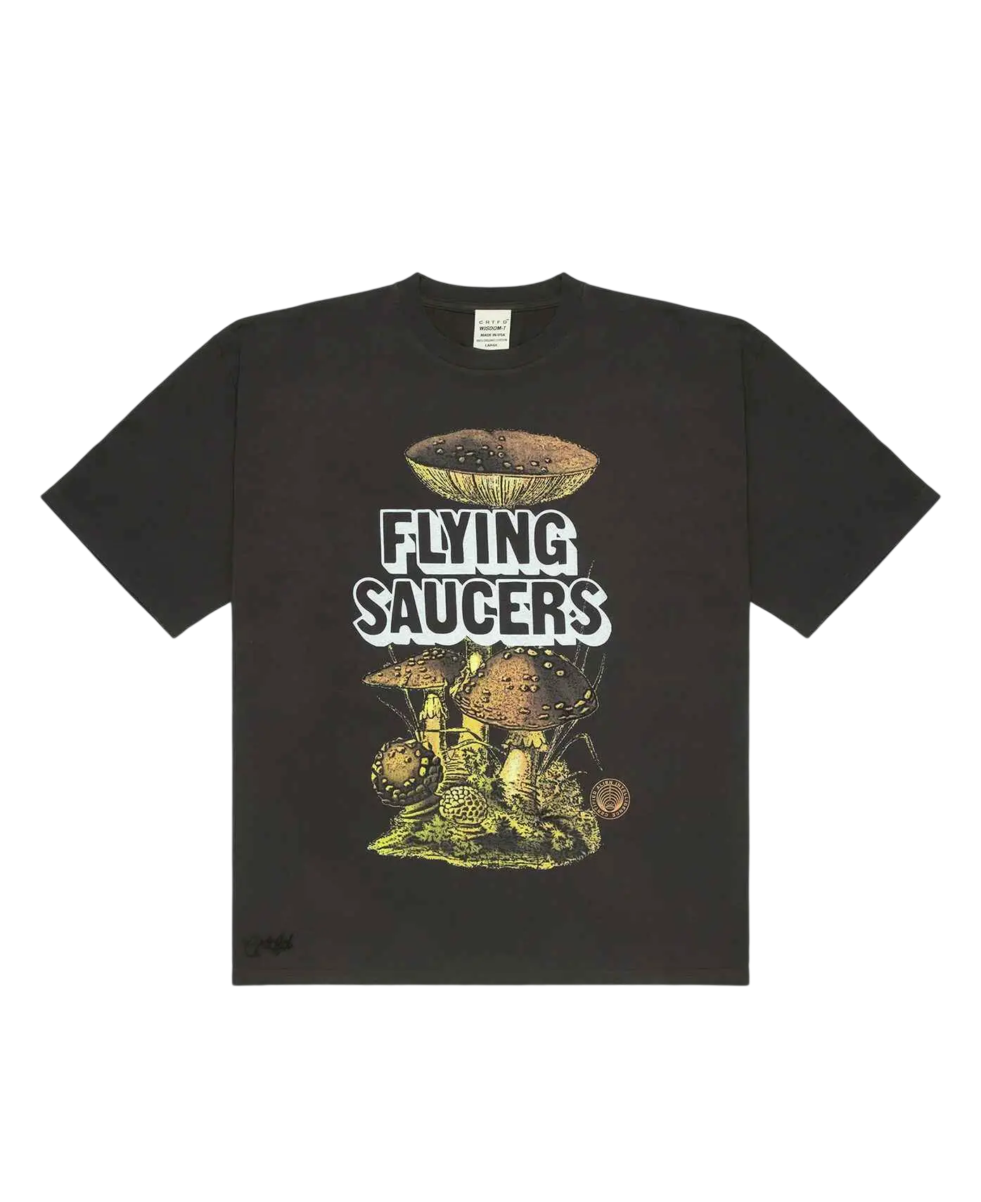 Dark gray short-sleeved cotton t-shirt featuring whimsical mushrooms and flying saucers with bold white flying saucers text