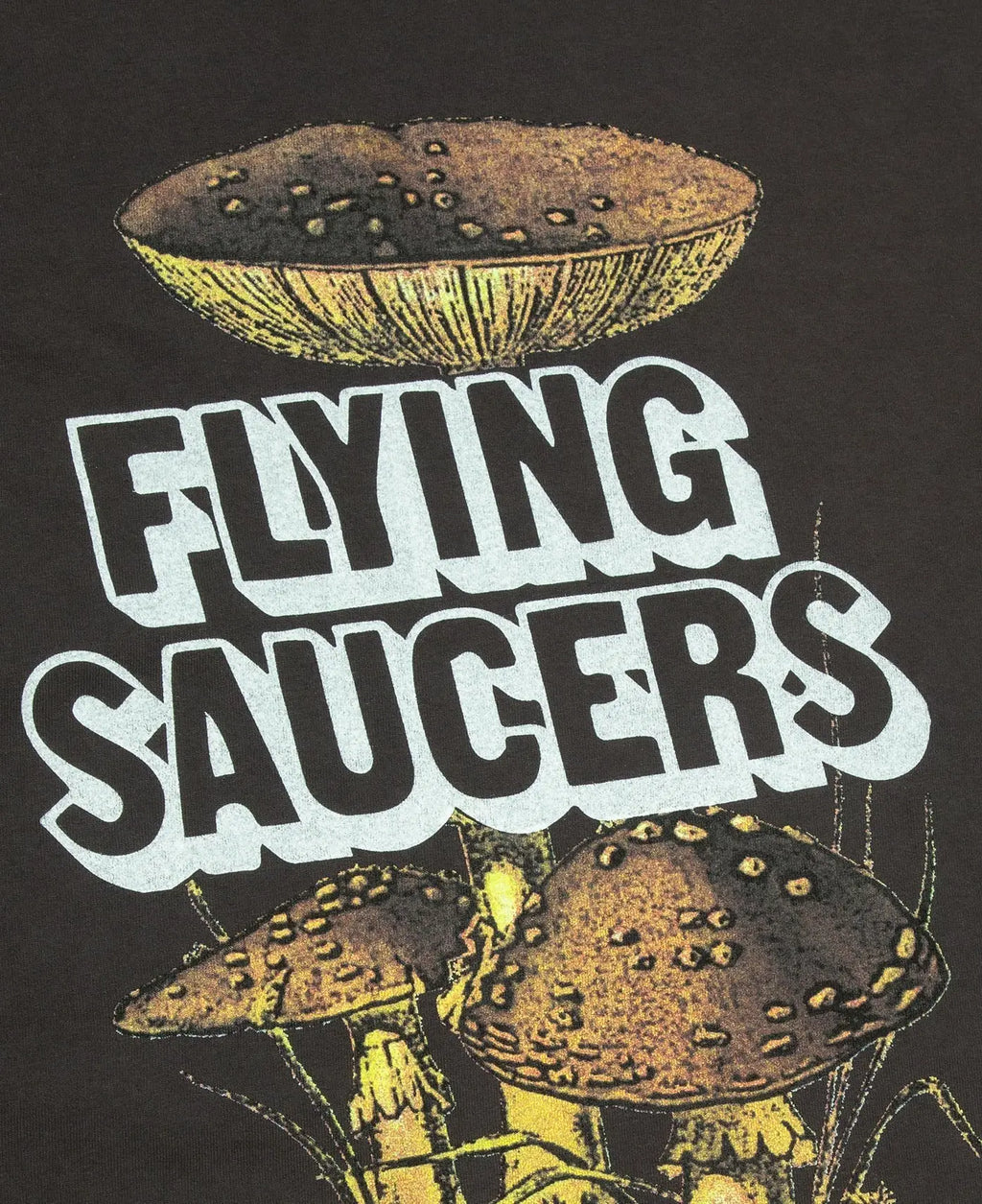 Black CRTFD flying saucers t-shirt featuring vintage yellow and brown spotted mushroom illustration with bold text
