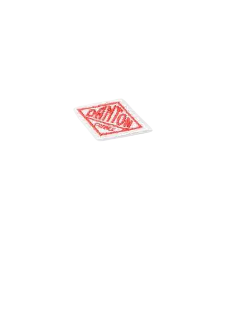A white danton long sleeve pocket tee with a red dayton logo sticker on the black background