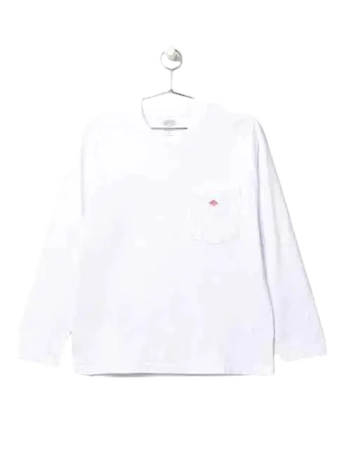 White long sleeve cotton shirt with small pink embroidered logo on left chest pocket from Danton pocket tee