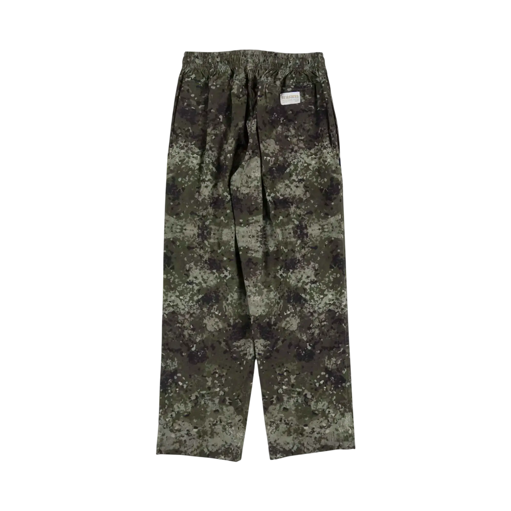 Deva States camo easy pants in dark green and gray camouflage with a relaxed fit and drawstring waist