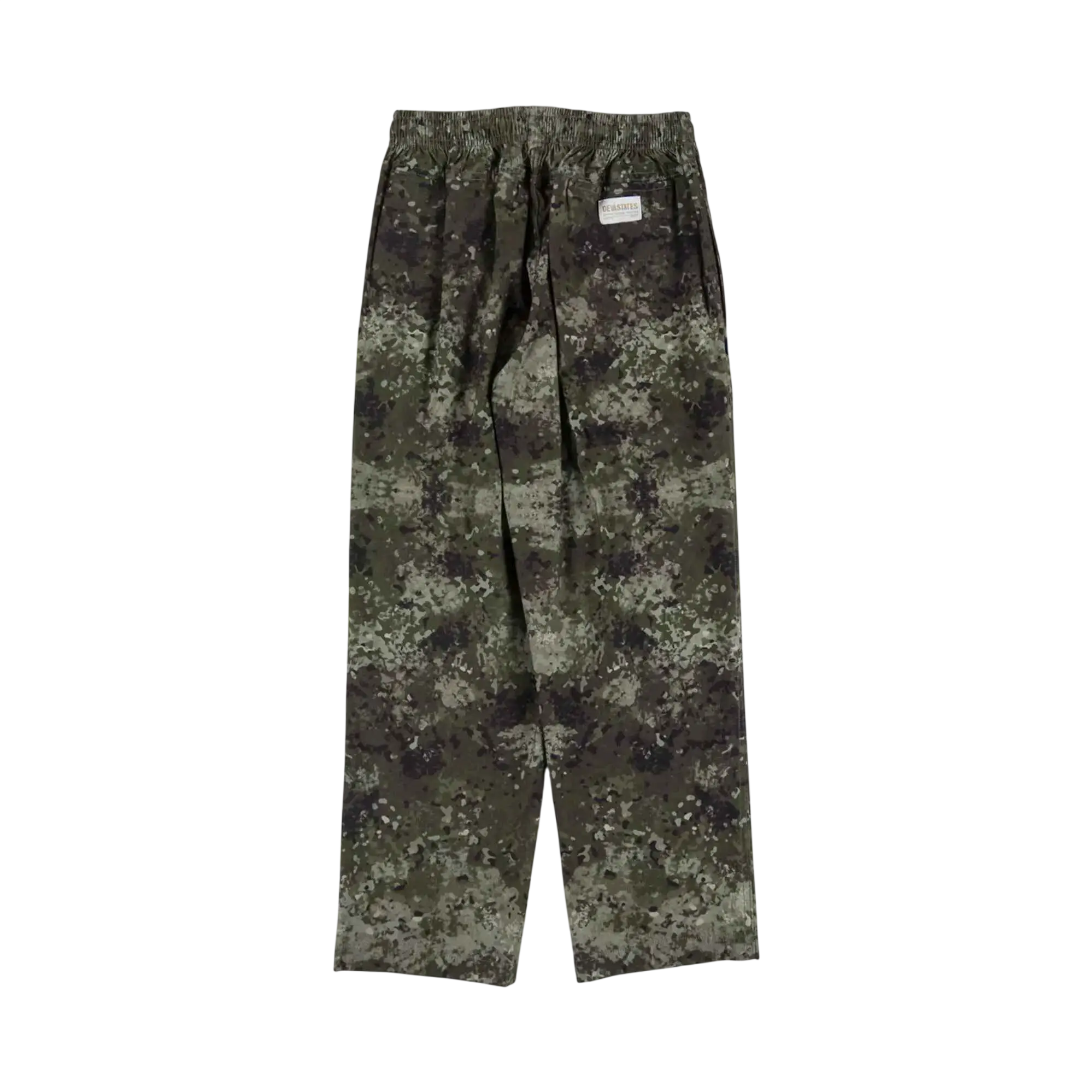 Deva States camo easy pants in dark green and gray camouflage with a relaxed fit and drawstring waist