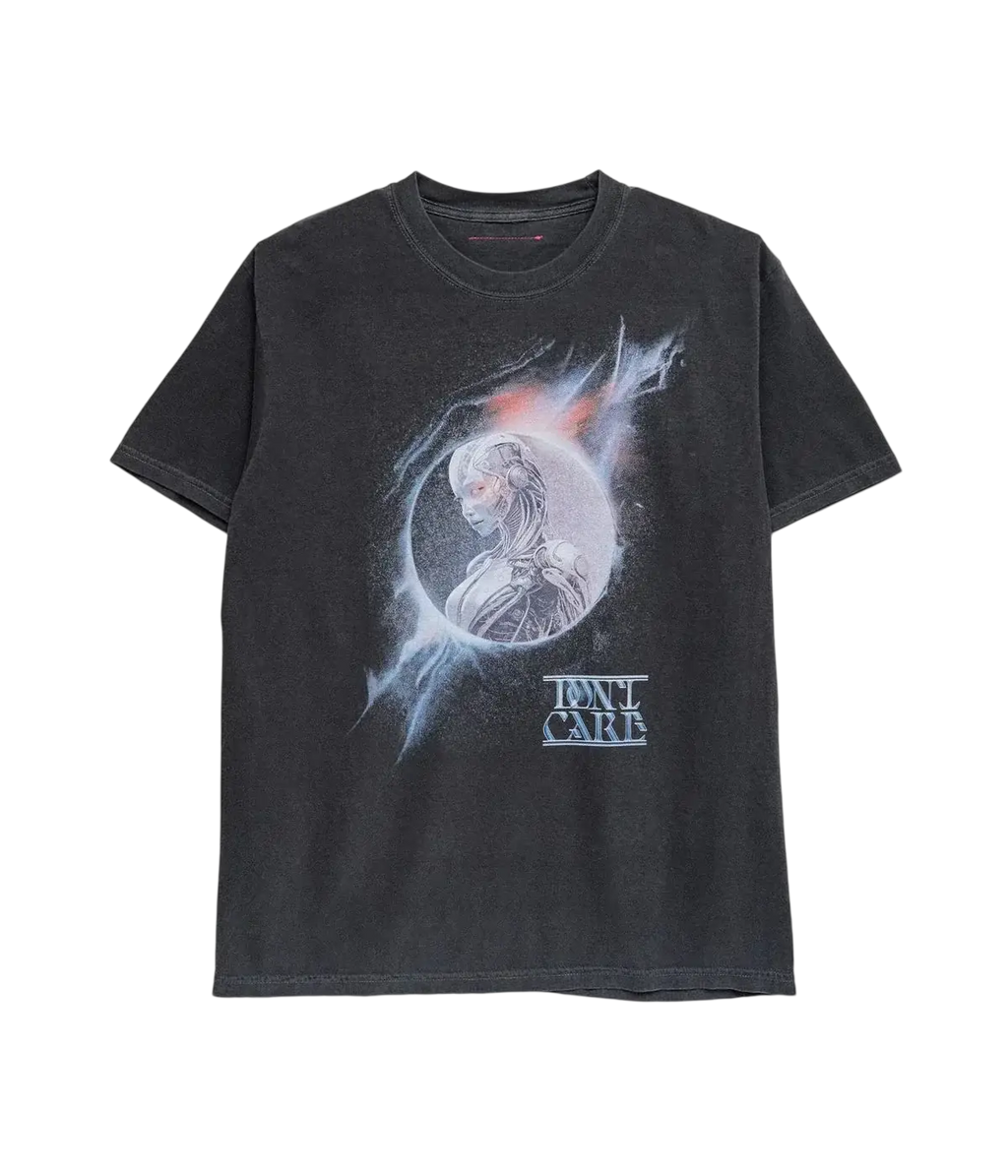 Dark gray cotton don’t care t-shirt featuring a glowing ethereal robot head design on the front